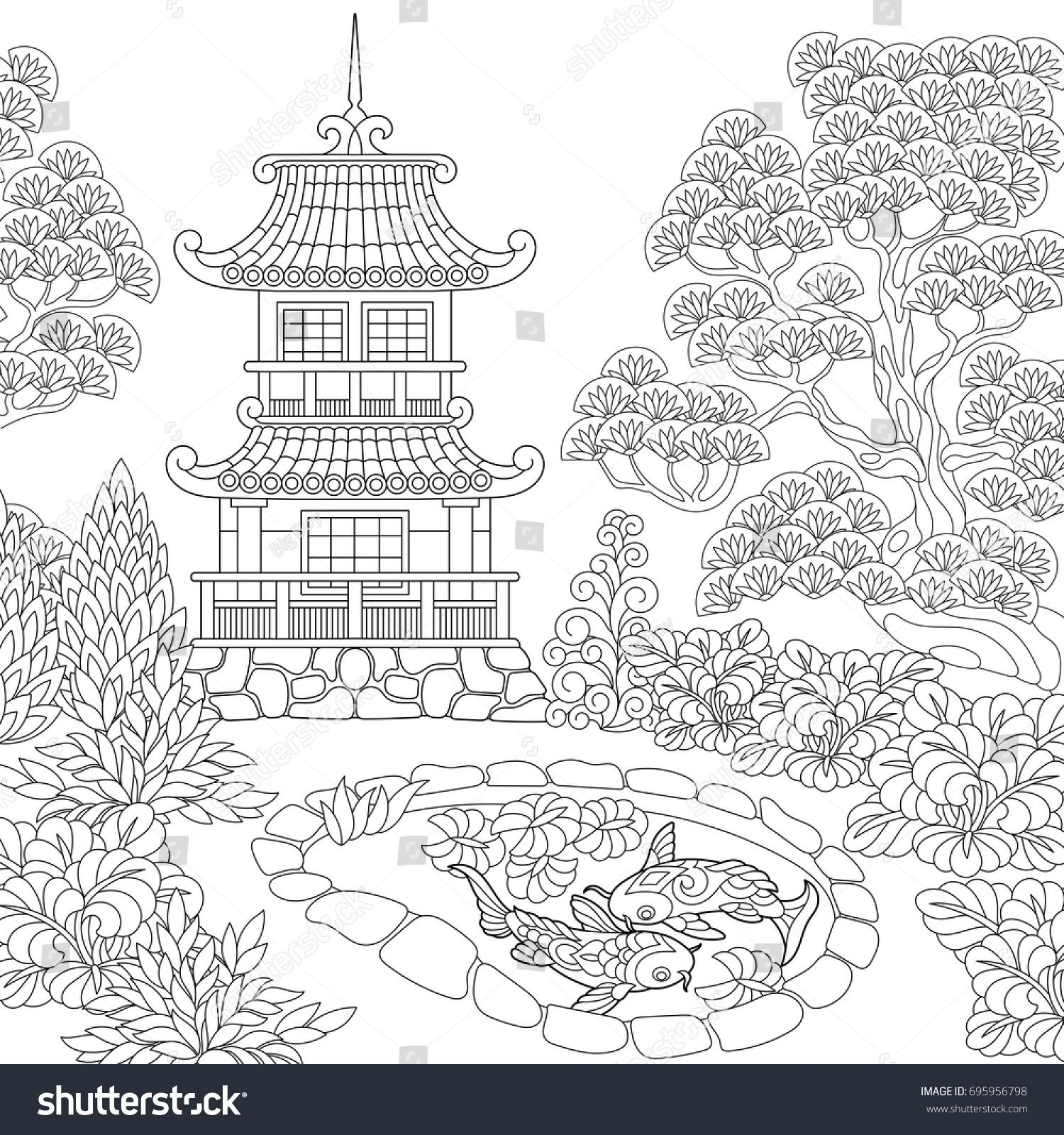 1500x1600 New Coloring - Chinese Temple Sketch