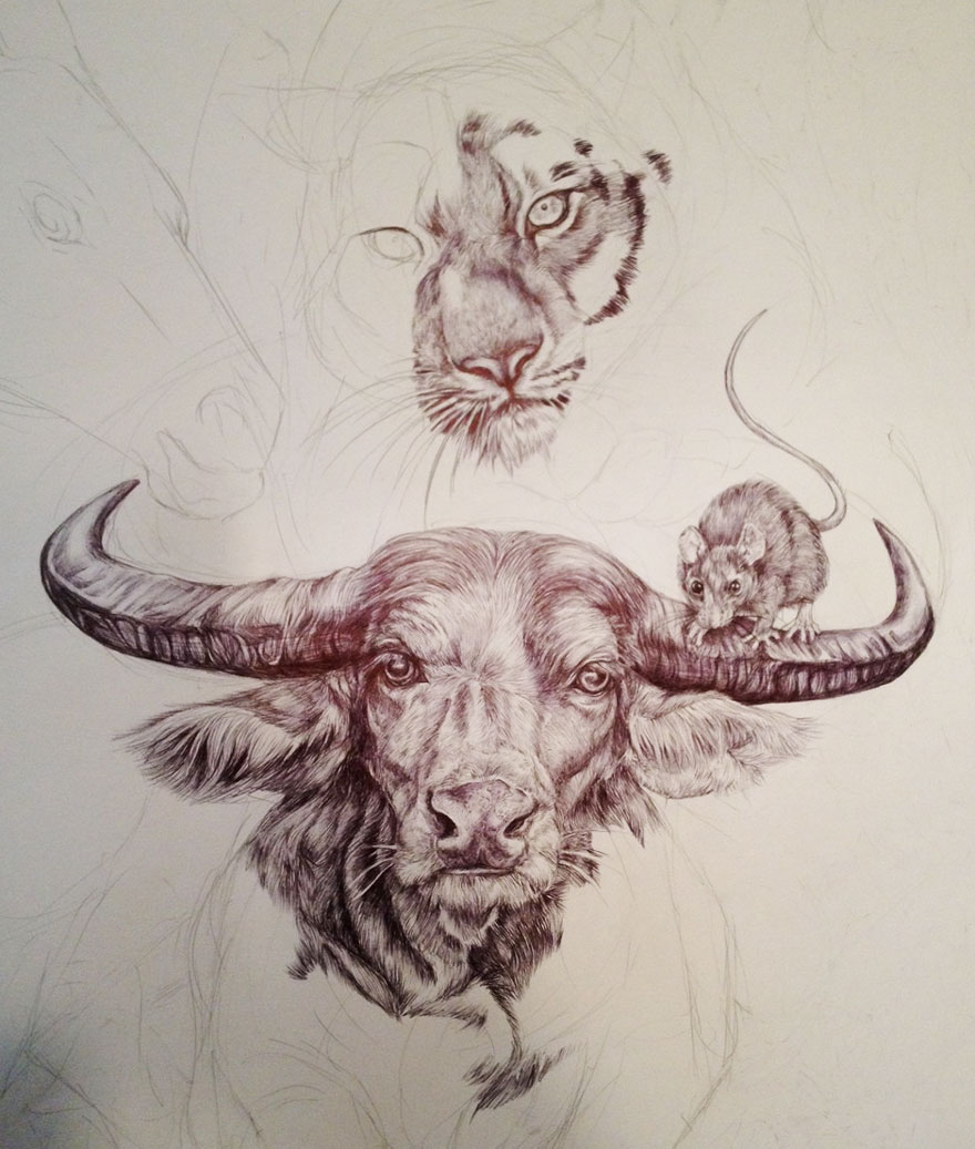 880x1037 19 Year Old Artist Spent Her Summer Drawing This Epic Chinese - Chinese Tiger Sketch