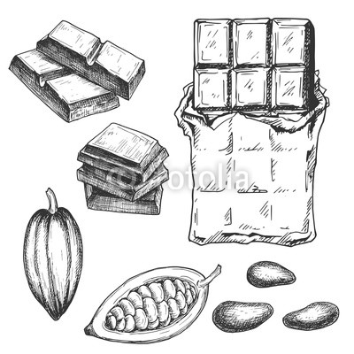 400x400 Hand Drawn Chocolate Bar And Cacao Beans, Black And White Draft - Chocolate Bar Sketch