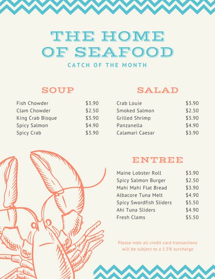 425x550 Cream With Blue Zigzag Lines And Lobster Sketch Monthly Menu - Chowder Sketch