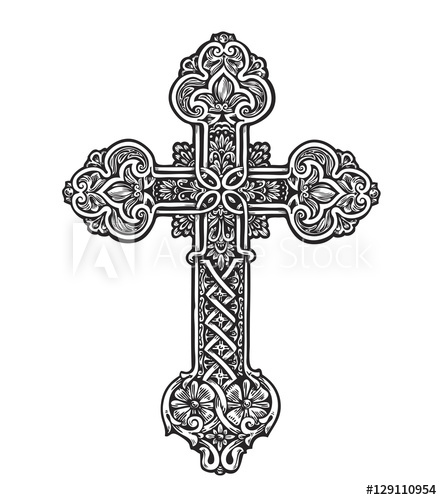 442x500 Beautiful Ornate Cross. Sketch Vector Illustration - Christian Cross Sketch