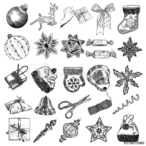 500x500 Christmas Icons Set With Decorations, Deer, Santa Claus Hat - Christmas Bell Sketch