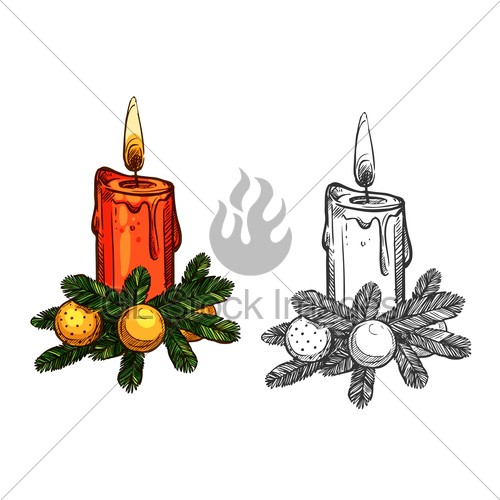 500x500 Christmas Pine Tree Bow, Candle Isolated Sketch Gl Stock Images - Christmas Bow Sketch