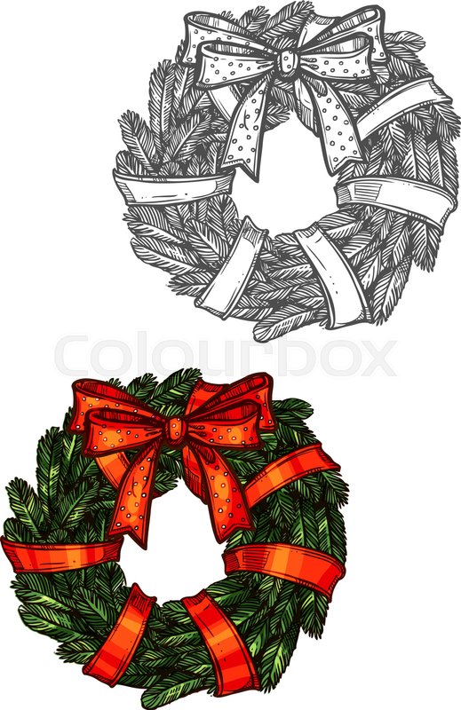 519x800 Christmas Fir Wreath Tied With Red Ribbon. Traditional New Year - Christmas Bow Sketch