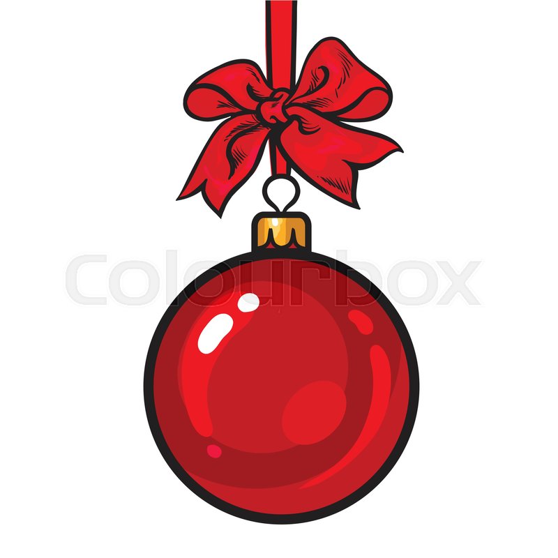 800x800 Red Christmas Ball With Red Ribbon And Bow, Sketch Style Vector - Christmas Bow Sketch