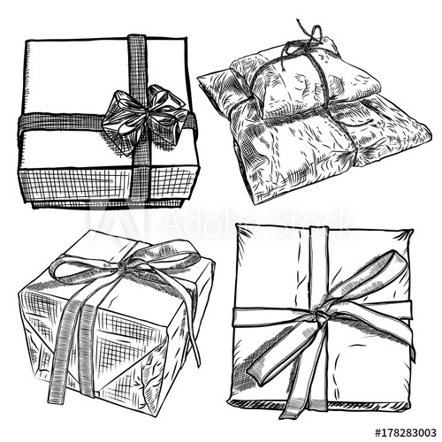 500x500 Set Of Sketch Gift Boxes With Bow. Hand Drawn Illustration Of - Christmas Bow Sketch