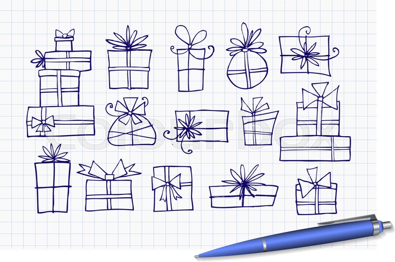 800x531 Doodle Blue Pen Sketch Christmas Gift Boxes. Stock Vector - Christmas Gift Sketch