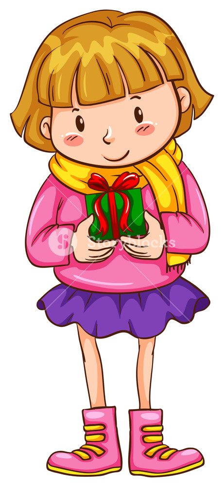 461x1000 Illustration Of A Simple Sketch Of A Girl With A Christmas Gift On - Christmas Gift Sketch