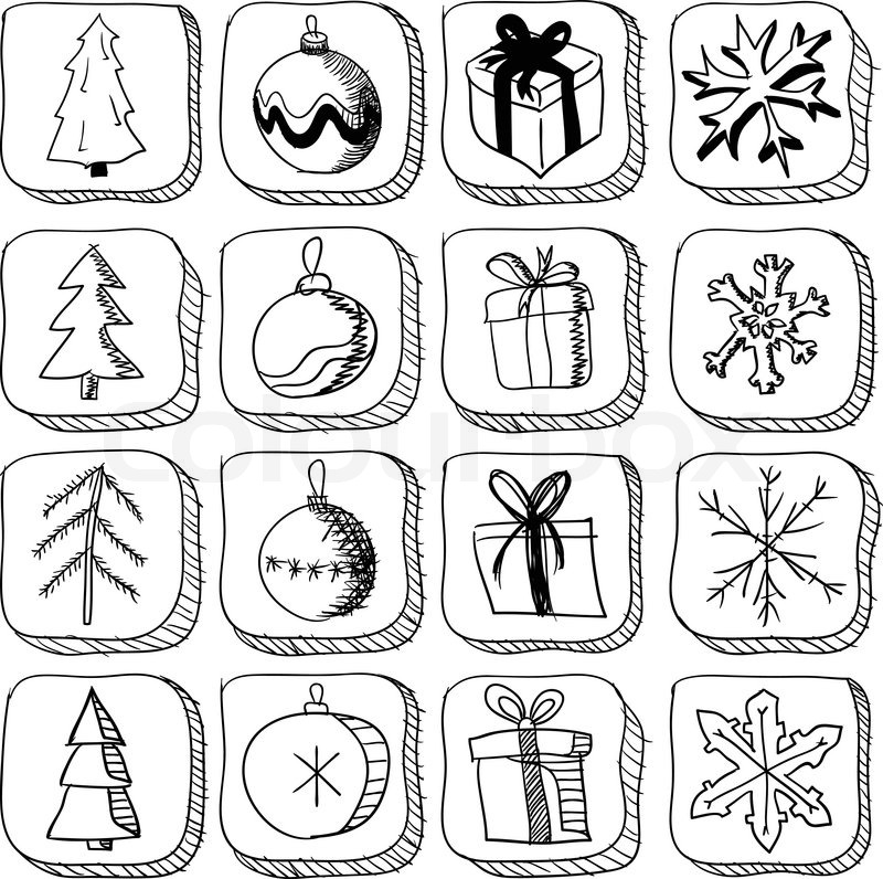800x796 Set Of Christmas Sketch Icons With Baubles And Gifts Stock - Christmas Gift Sketch