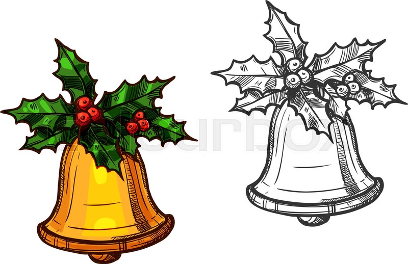 800x518 Christmas Gold Bell With Holly. Vector Color Sketch Isolated Icons - Christmas Holly Sketch