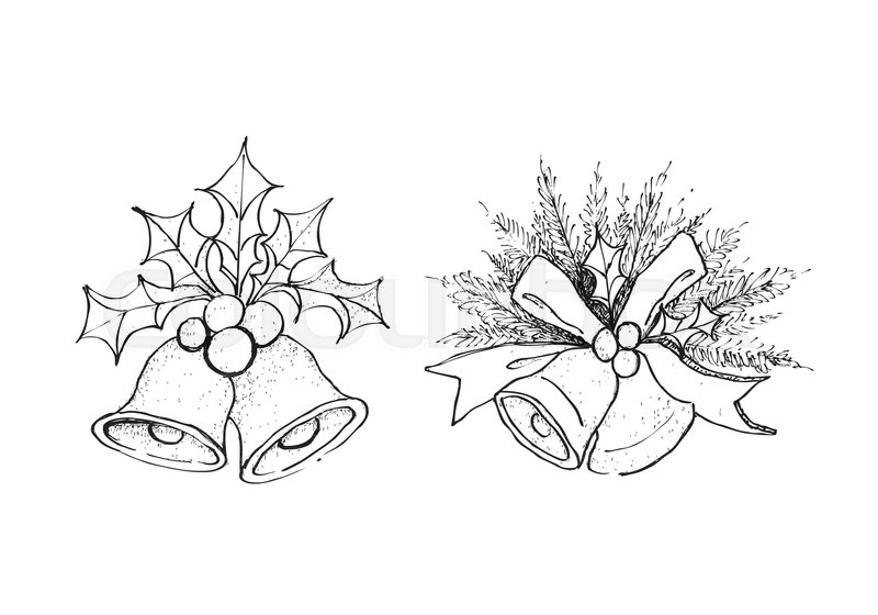800x560 Illustration Hand Drawn Sketch Of Two Christmas Bells And - Christmas Holly Sketch