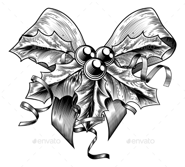 590x533 Vintage Christmas Holly Bow By Krisdog Graphicriver - Christmas Holly Sketch