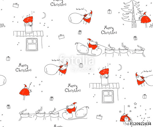 500x417 Seamless Pattern Merry Christmas. Santa Claus, Sleigh, Reindeer - Christmas House Sketch