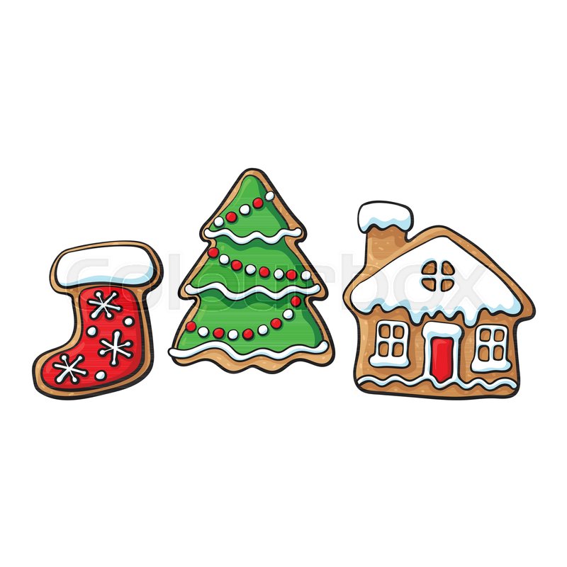 800x800 Set Of Glazed Christmas Tree, Village House And Santa Boot - Christmas House Sketch