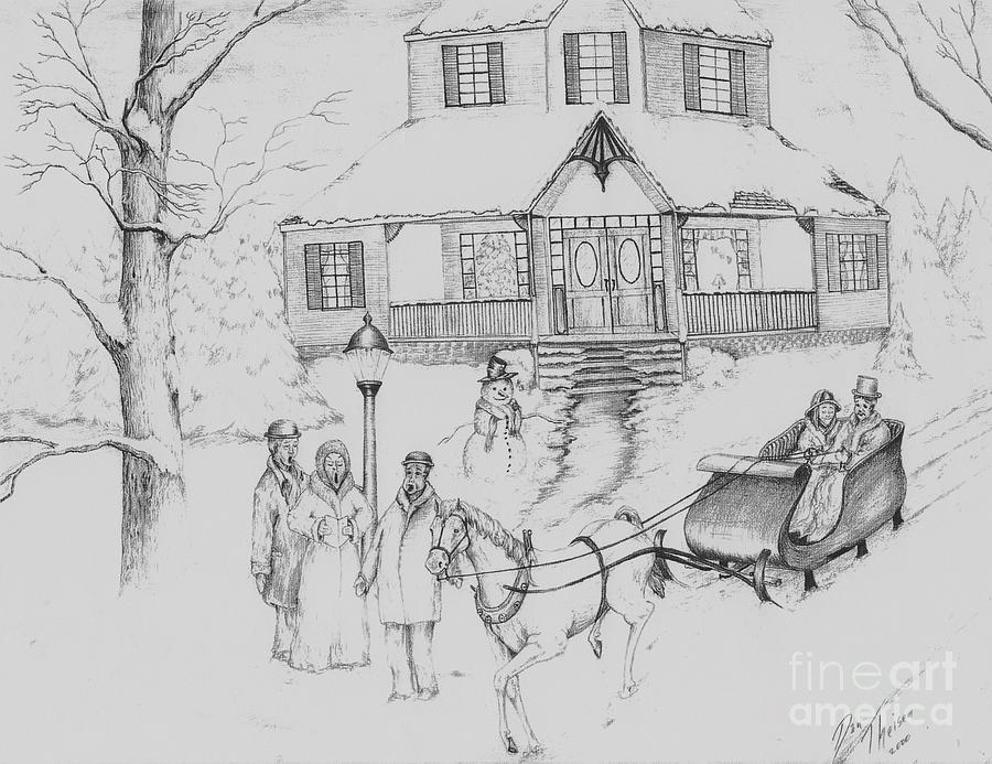 900x693 Turn Of The Century Christmas Drawing By Dan Theisen - Christmas House Sketch