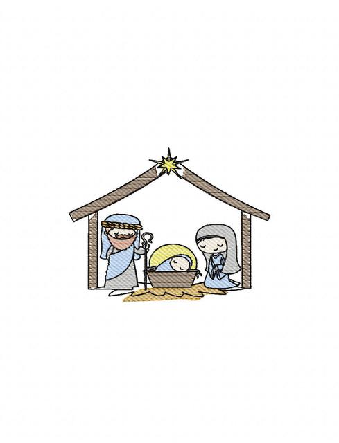 489x640 Nativity Manger Sketch Embroidery Design - Christmas Nativity Sketches