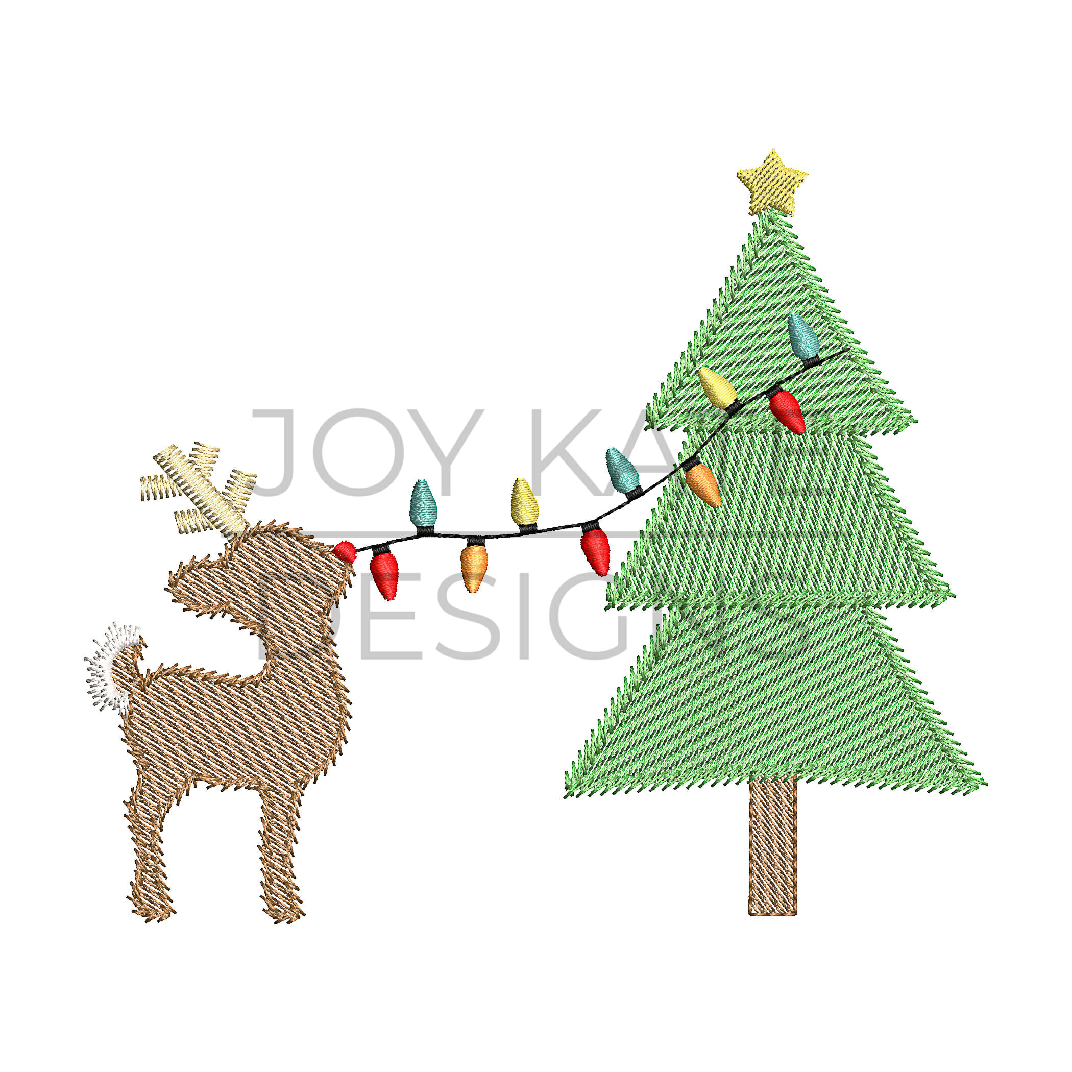 2100x2100 Reindeer Decorating Christmas Tree Sketch Embroidery Design Joy - Christmas Ornament Sketch