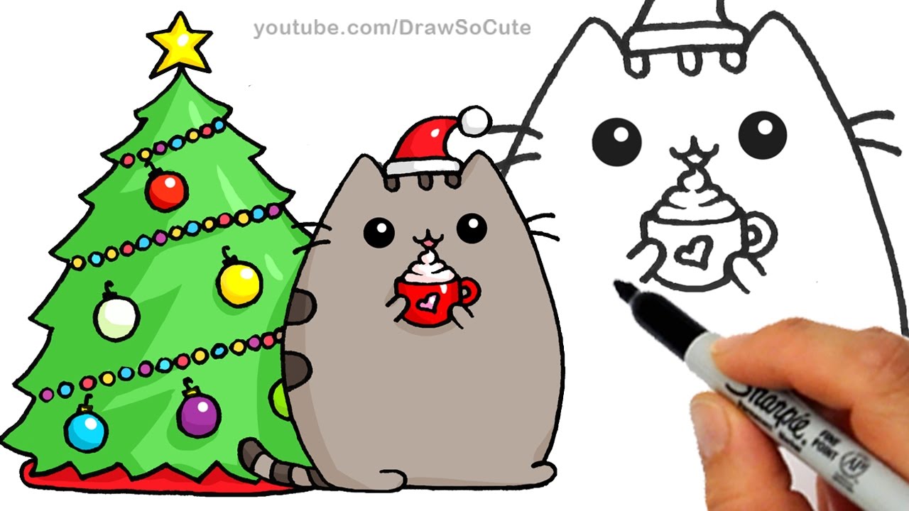 1280x720 How To Draw Christmas Holiday Pusheen Cat Step By Step Easy And - Christmas Pictures Sketches