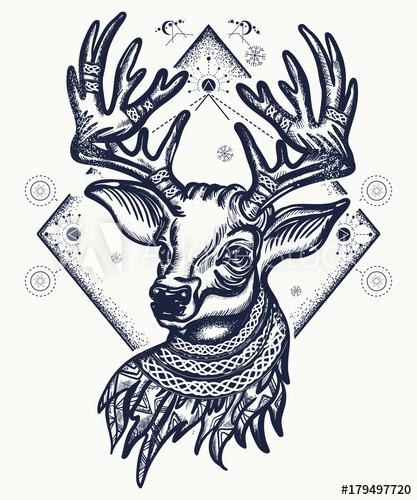 417x500 Deer Tattoo And T Shirt Design. Christmas Reindeer. Symbol Of - Christmas Reindeer Sketch