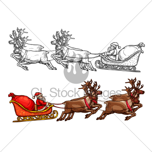 500x500 Santa Reindeer Sleigh, Gift Bag Sack Vector Sketch Gl Stock Images - Christmas Reindeer Sketch