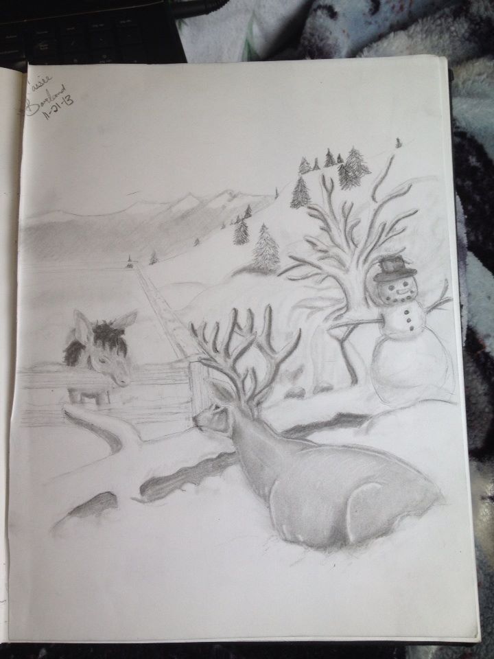 720x960 Christmas, Scene, Deer, Donkey, Snowman, Snow, Winter, Sketch - Christmas Scene Sketch