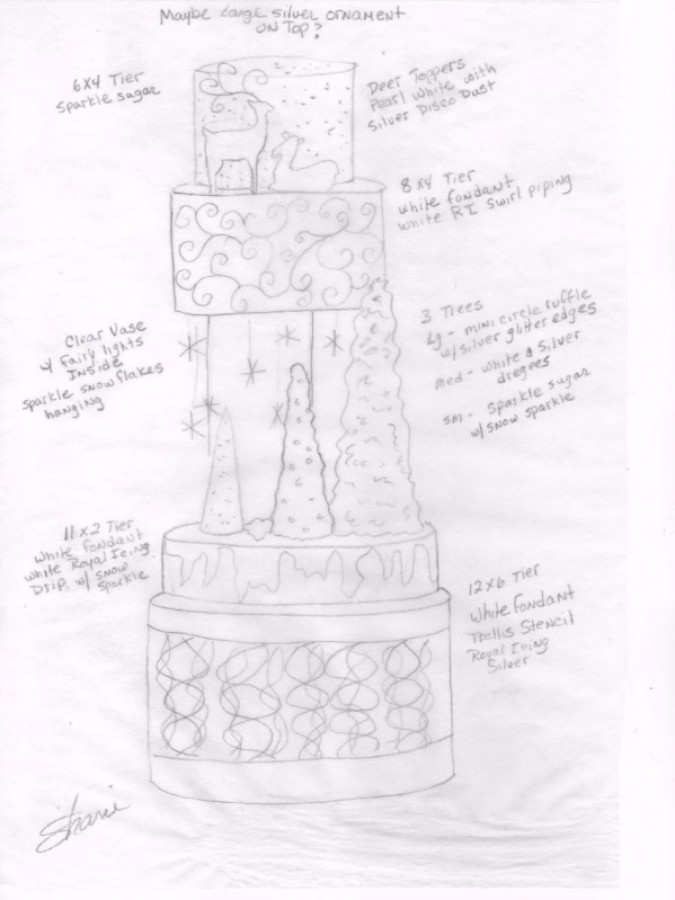 675x900 Sketch To Cake Shani Christenson White Christmas Wedding Cake - Christmas Sketch Ideas