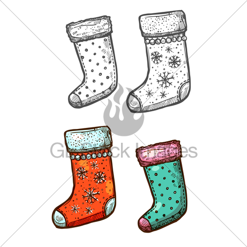 500x500 Christmas Gift Stockings Isolated Sketch Icons Set Gl Stock Images - Christmas Stocking Sketch