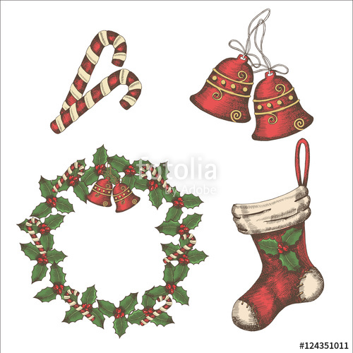 500x500 Christmas Vintage Set Of Bells, Candy, Wreath Of Mistletoe And - Christmas Stocking Sketch