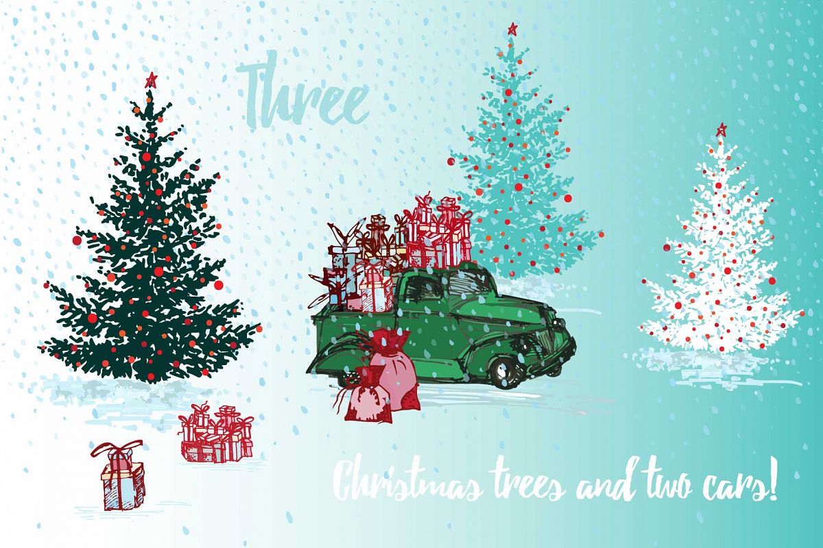 1200x800 Hand Drawn Sketch Christmas Tree And Holiday Cars - Christmas Tree Sketch