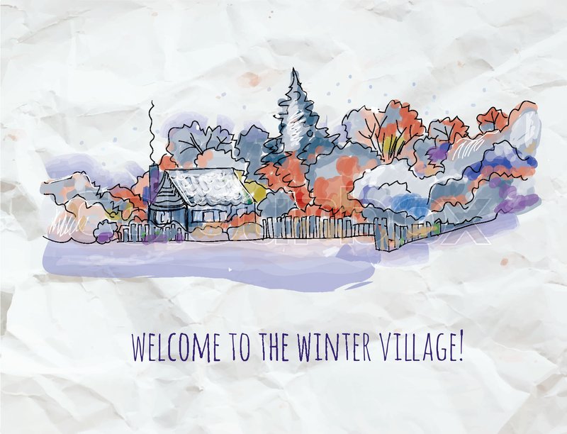 800x612 Winter Village Sketch For Christmas Card Or Banner. Vector Graphic - Christmas Village Sketch