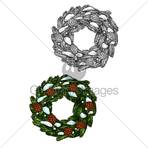 500x500 Christmas Wreath Sketch Fir Branches, Pine Cones Gl Stock Images - Christmas Wreath Sketch
