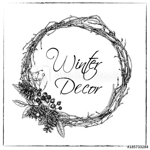 500x500 Christmas Wreath Made From Twigs Of Vine And With Cones And A Dog - Christmas Wreath Sketch