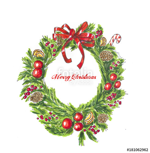 492x500 Christmas Wreath On White. Hand Drawn Sketch Stock Photo And - Christmas Wreath Sketch