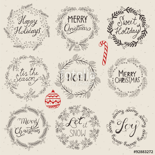 500x500 Christmas Wreath Set For Logo Design. Hand Drawing Vector Illust - Christmas Wreath Sketch