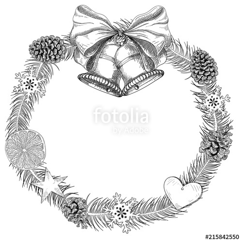 500x500 Hand Drawn Christmas Wreath Sketch With Bells On White. Stock - Christmas Wreath Sketch