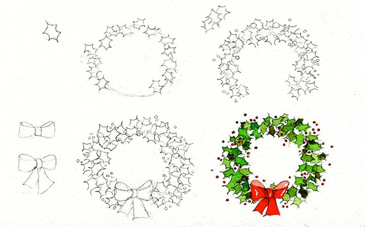 710x442 8 Christmas Drawing Ideas To Get In The Holiday Spirit - Christmas Wreath Sketch