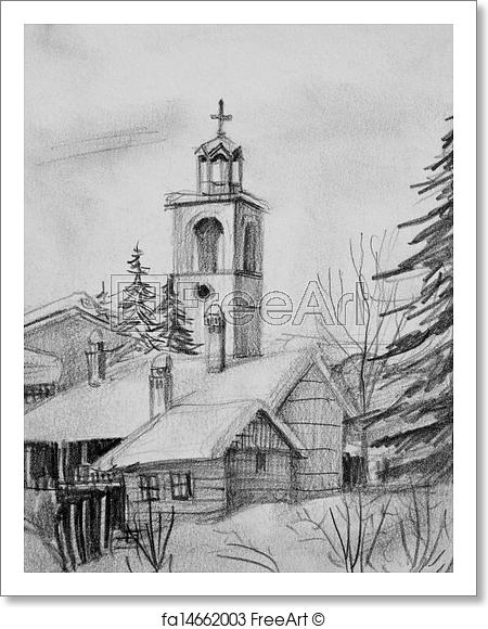 450x580 Free Art Print Of Pencil Drawing Of Old Church In Bansko. Pencil - Church Building Sketch