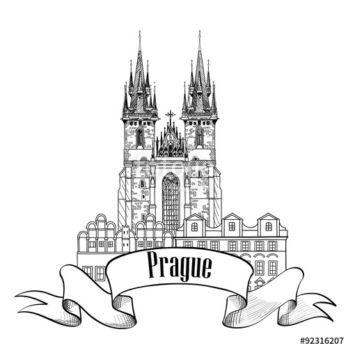 500x500 Tyn Church In Prague. Famous Architectural Building Sketch. Travel - Church Building Sketch