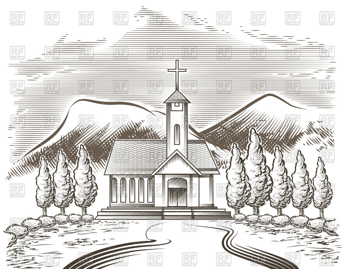 1200x938 Sketch Of Church Yard And Road Against Mountain Landscape Vector - Church Sketch