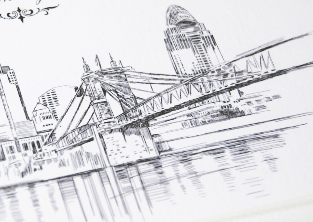 1015x720 Cincinnati Skyline Save The Date Cards. - Cincinnati Skyline Sketch