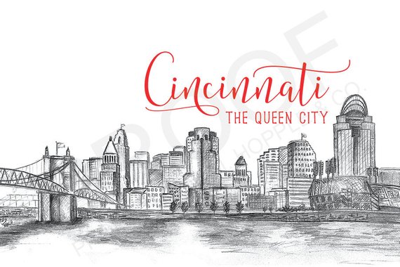 570x380 Cincinnati The Queen City Sketched Skyline Postcard - Cincinnati Skyline Sketch