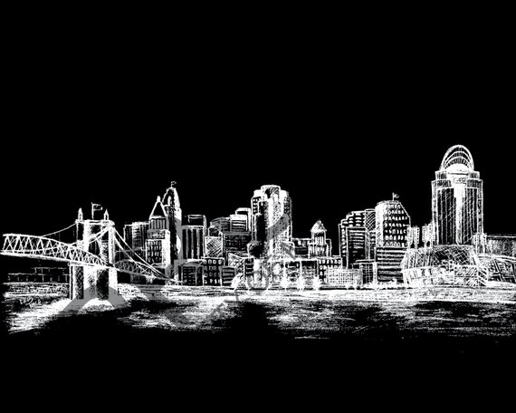 570x456 Black And White Cincinnati Skyline Sketch Art Print Etsy - Cincinnati Skyline Sketch
