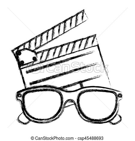 450x470 Monochrome Sketch With Clapperboard Cinema And 3d Cinema Glasses - Cinema Sketch
