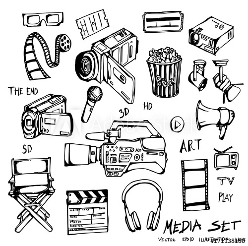 500x496 Set Of Media Cinema Movie Doodle Illustration Hand Drawn Sketch - Cinema Sketch