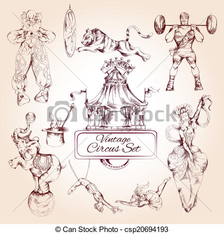 450x470 Circus Vintage Icons Set. Decorative Magic Clown And Circus - Circus Sketch