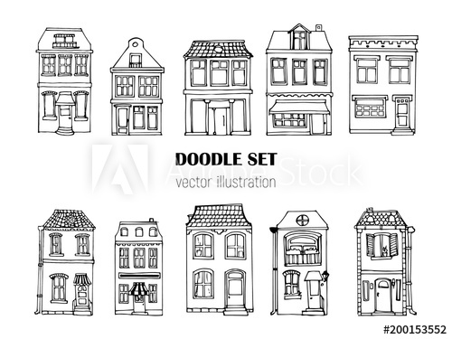 500x375 Hand Drawn European City Houses Set In Cute Cartoon Style - City Building Sketch
