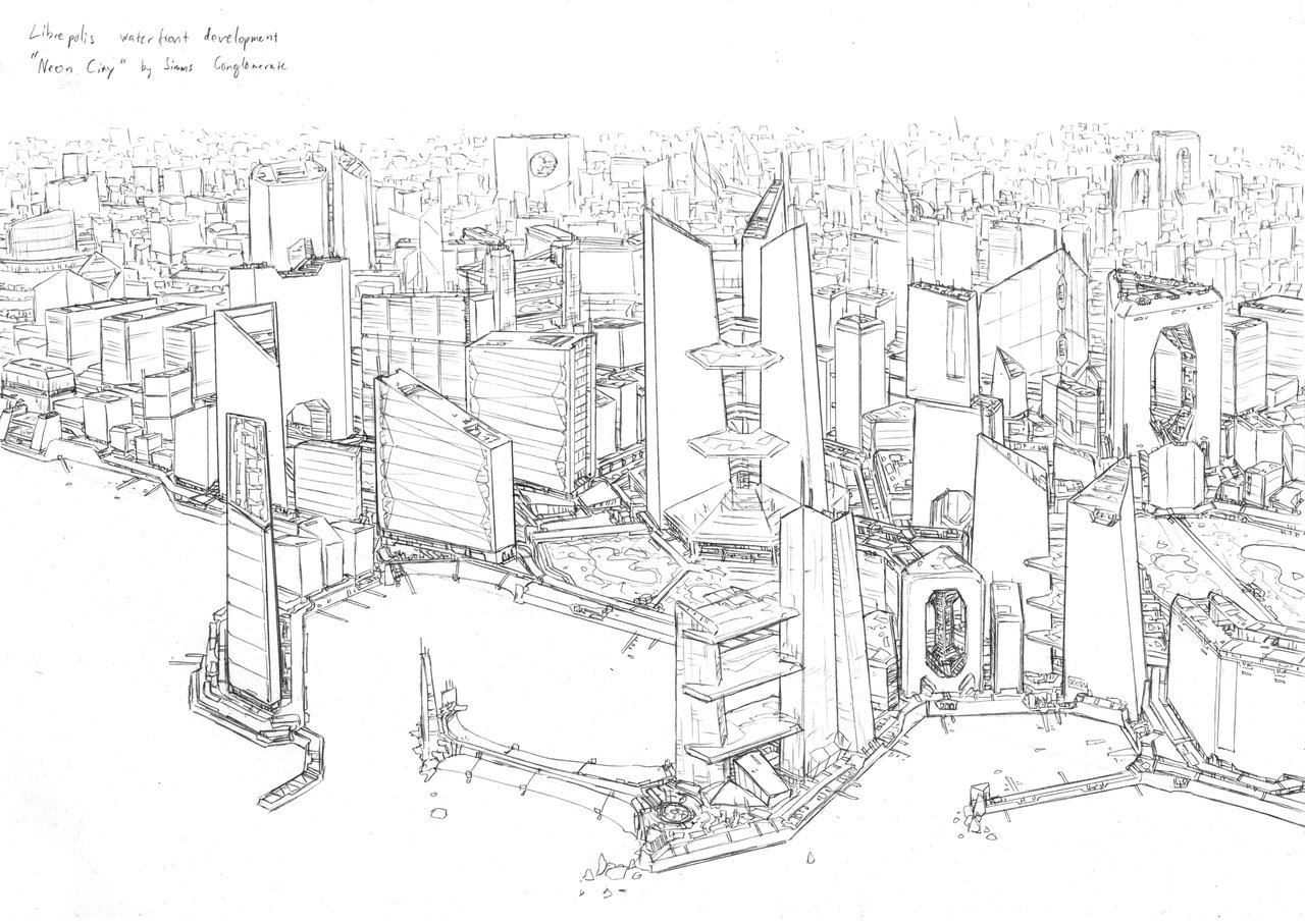 1280x907 Neon City Sketch By Penuser - City Building Sketch