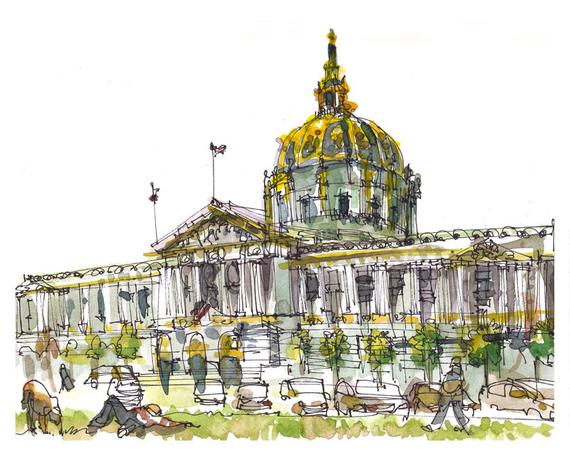 570x456 San Francisco City Hall Print From A Watercolor Sketch In Etsy - City Hall Sketch