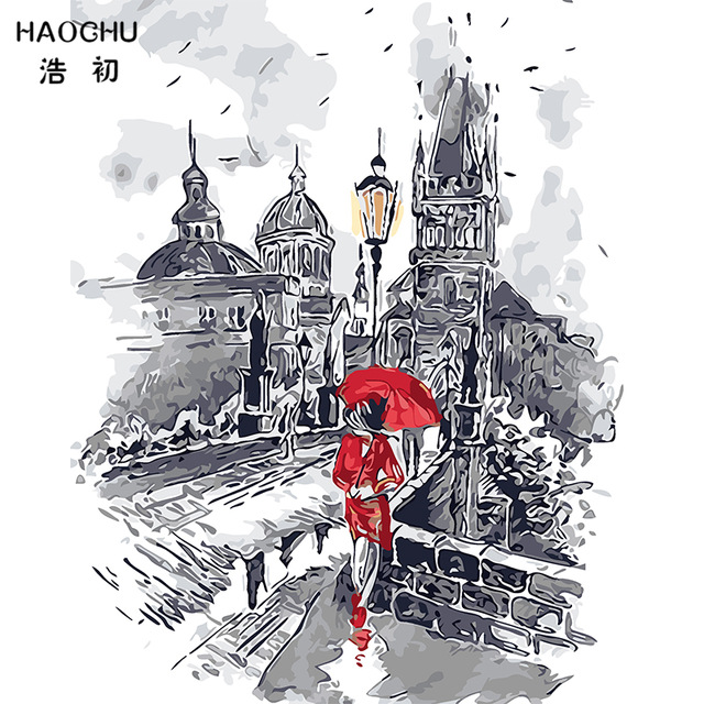 640x640 Haochu Sketch Hand Draw Oil Painting Beautiful Lady Paris City - City Landscape Sketch