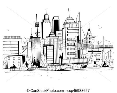 450x357 Megalopolis City, Street Illustration. Hand Drawn Sketch Landscape - City Landscape Sketch